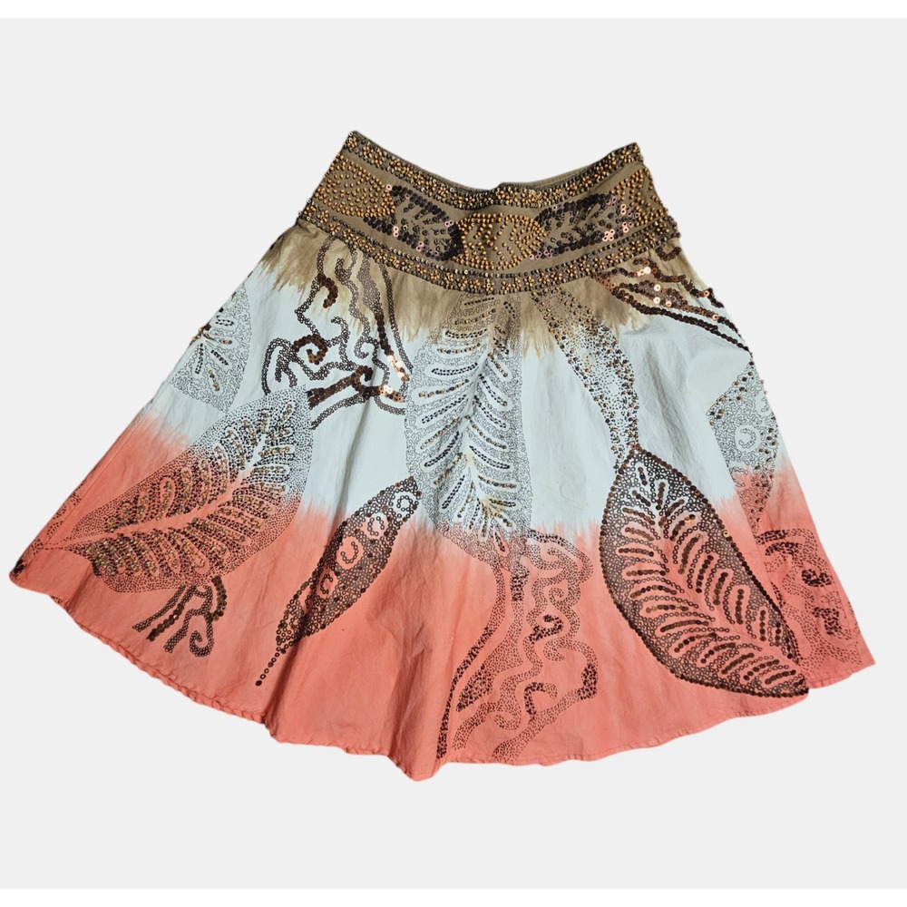 Basil & Maude Womens Beaded Sequined Boho Skirt 8 Hand Painted Festival Hippie